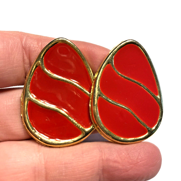 Red Shoe Clips Vintage 1980's Chunky Goldtone & Enamel Finish Egg Shaped Ovals - Picture 4 of 7